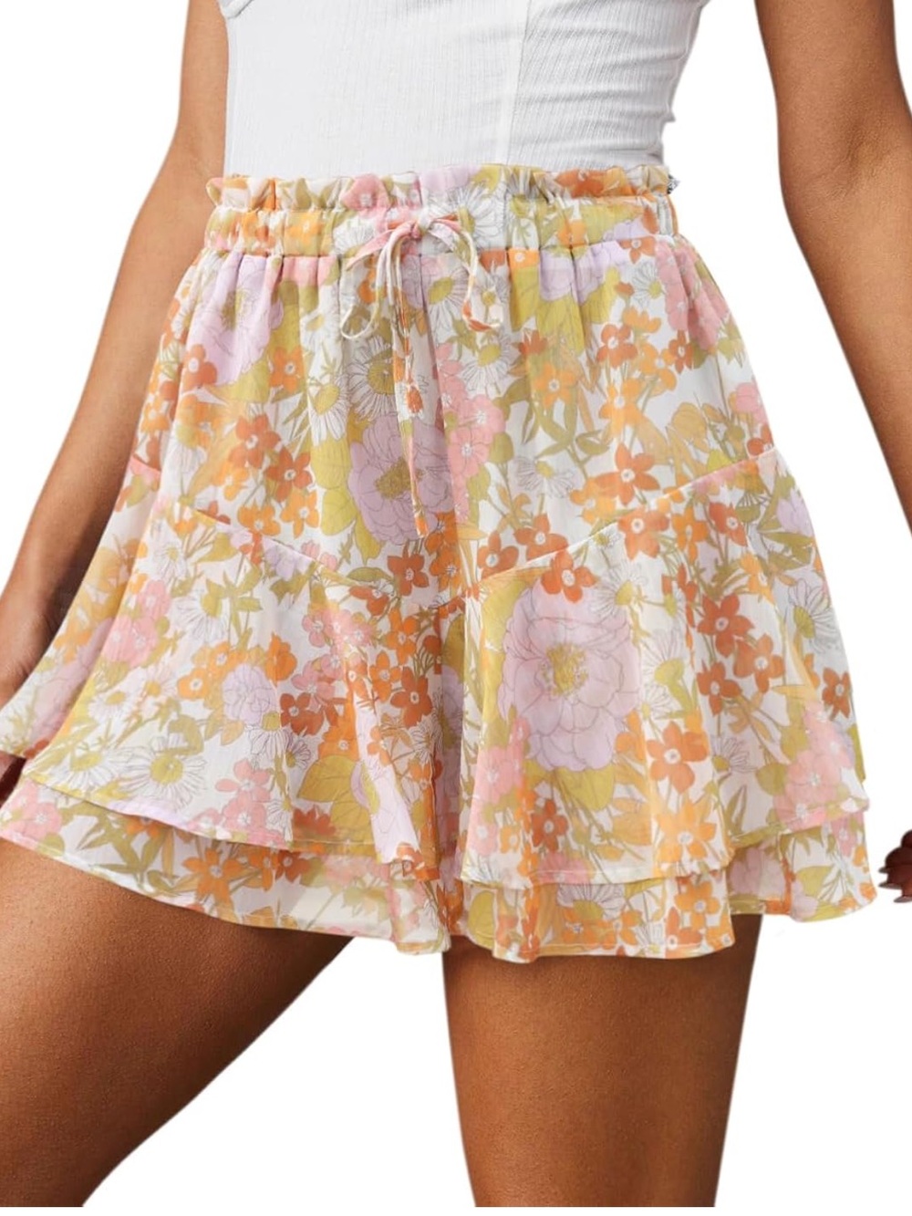 Orange Pink Floral Flowy Ruffle Mini Chiffon Tennis Skort Skirt Shorts L Large